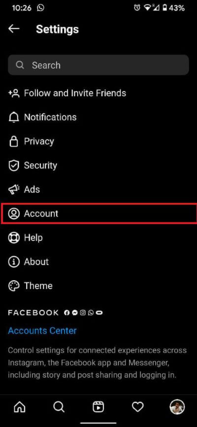 tap-on-the-option-titled-‘Account.-473x1024-2 كيفية إصلاح خطأ عدم السماح بالنشر على Instagram
