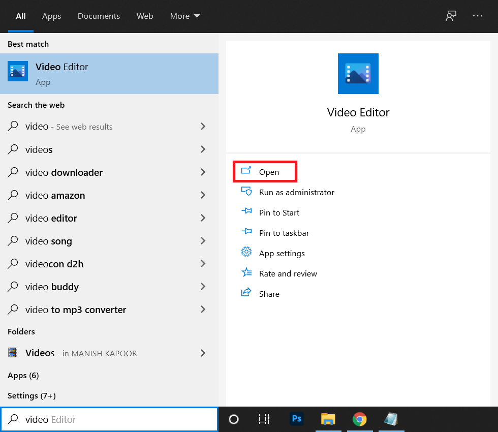 type-Video-Editor-and-hit-enter-to-open-the-application 3 طرق لإزالة الصوت من الفيديو في نظام التشغيل Windows 10