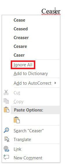 Click-on-Ignore-All كيفية تعطيل المدقق الإملائي على Microsoft Word