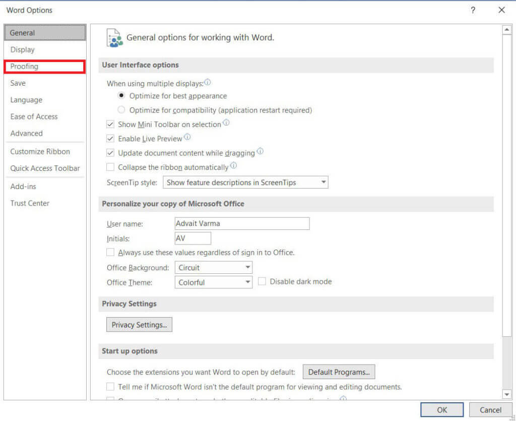 Click-on-Proofing-to-proceed-1024x835-1 كيفية تعطيل المدقق الإملائي على Microsoft Word