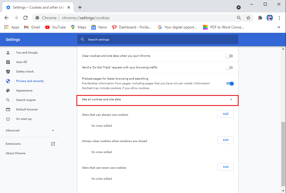 Click-on-see-all-cookies-and-site-data 7 طرق لإصلاح البريد الإلكتروني عالق في علبة الصادر من Gmail