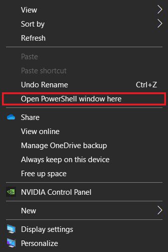 Click-on-‘Open-PowerShell-window-here-to-access-the-command-window كيفية البحث عن Product Key مفتاح منتج Windows 10 الخاص بك