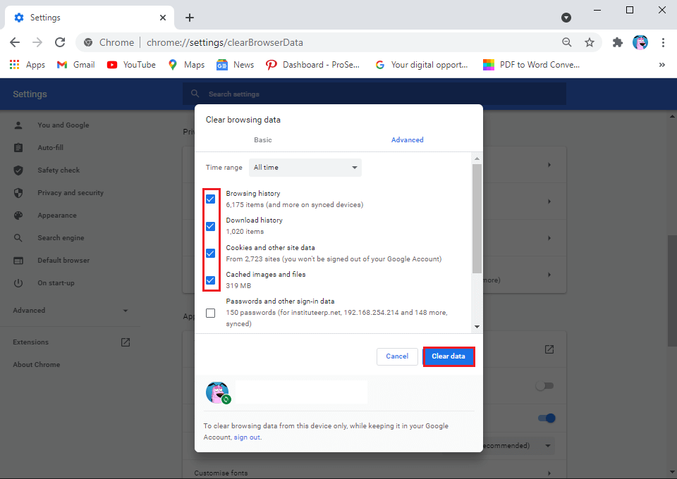 Finally-click-on-Clear-data-at-the-bottom-of-the-window.- كيفية إصلاح عدم وجود كاميرا في Google Meet