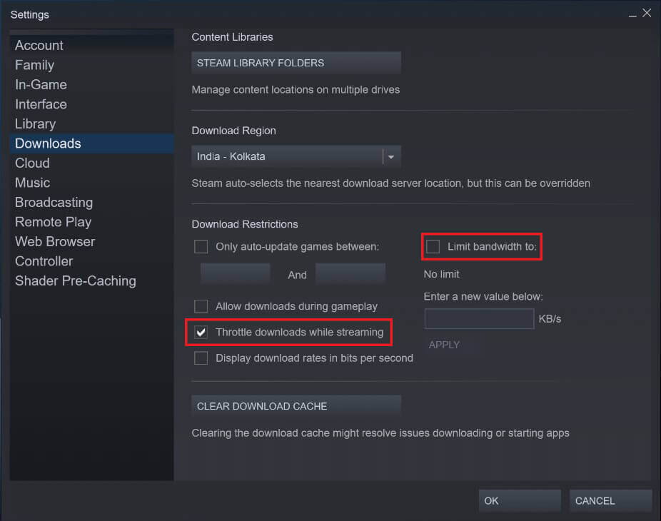 Make-sure-the-‘Limit-bandwidth-option-is-unchecked-and-the-Throttle-downloads-while-streaming-option-is-enabled 4 طرق لجعل تنزيل Steam أسرع