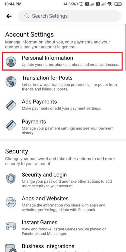 Now-tap-on-Personal-information.-512x1024-1 كيفية التحقق من معرف البريد الإلكتروني المرتبط بحسابك على Facebook