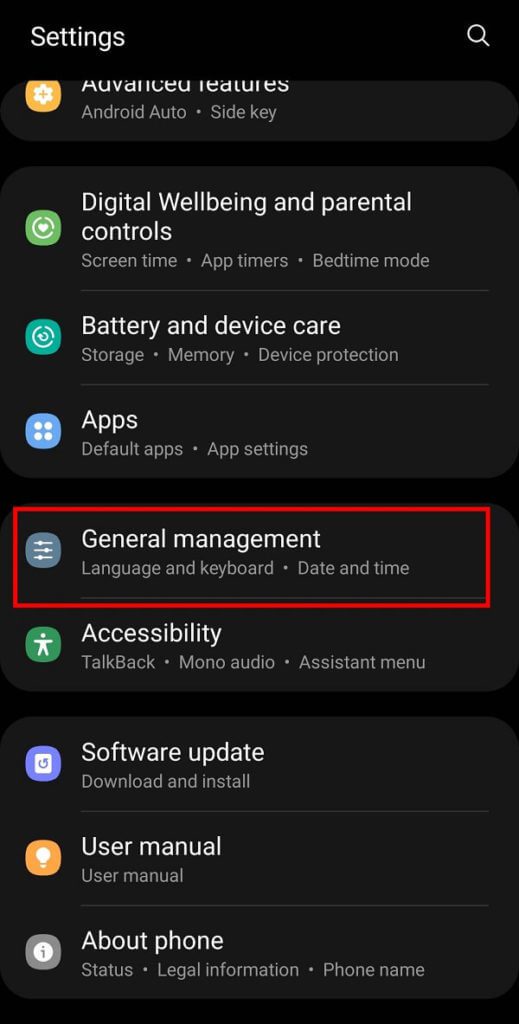 Open-your-mobile-settings-and-tap-on-General-management-from-the-menu.-519x1024-1 كيفية إيقاف تشغيل التصحيح التلقائي على Android