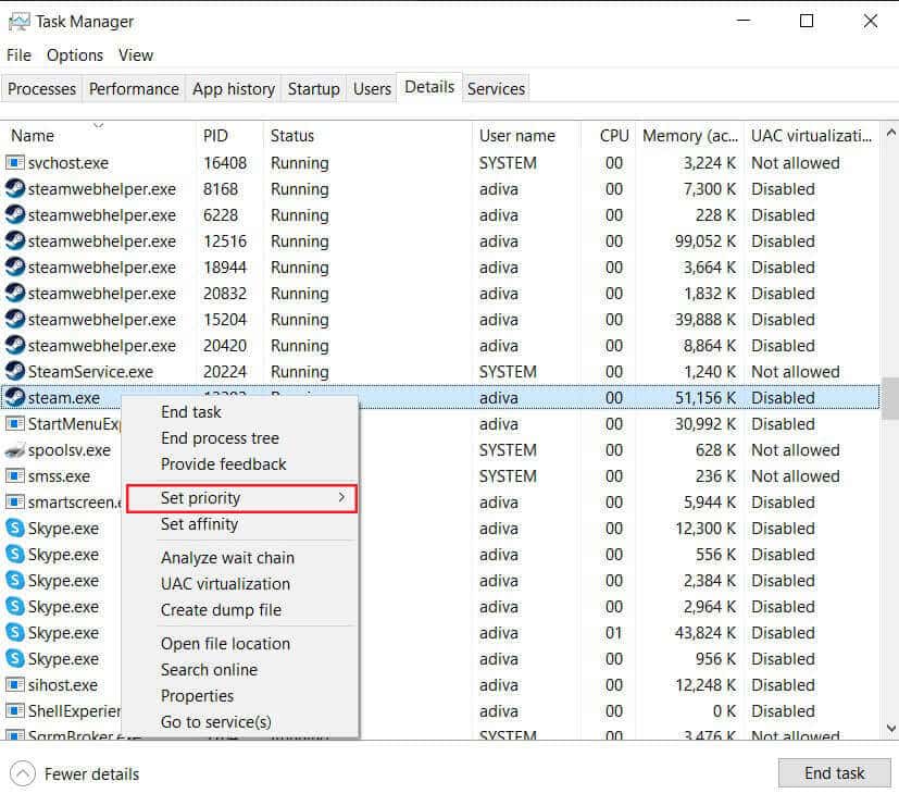 Right-click-on-the-‘steam.exe-option-and-drag-your-cursor-to-the-‘Set-priority-option 4 طرق لجعل تنزيل Steam أسرع