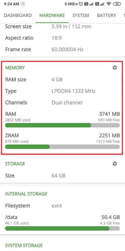 Scroll-down-to-the-Memory-section-to-check-512x1024-1 كيفية التحقق من نوع ذاكرة الوصول العشوائي في هاتف Android وسرعتها وتردد التشغيل