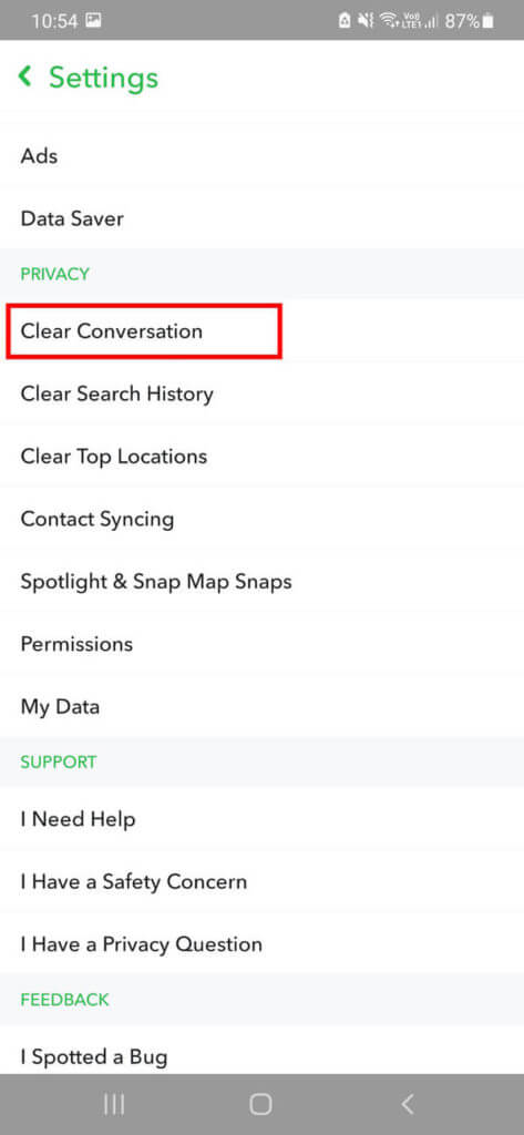 Scroll-down-to-the-Privacy-section-and-select-the-Clear-conversation-option.-473x1024-1 كيفية حذف الرسائل على Snapchat