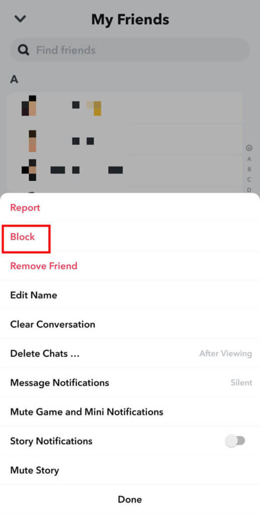 Select-Block-from-the-available-options-519x1024-1 كيفية إلغاء إضافة أشخاص على Snapchat