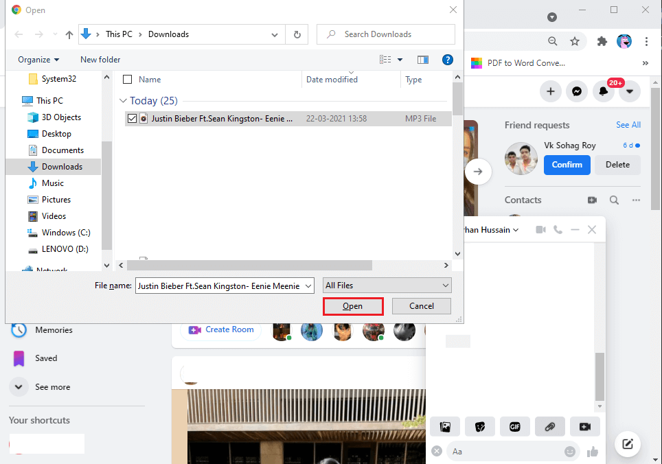 Select-the-MP3-music-file-and-click-on-Open. كيفية إرسال الموسيقى على Facebook Messenger