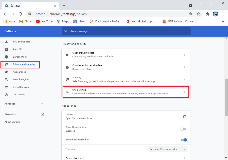 Tap-on-Privacy-and-security-from-the-side-panel-then-click-on-Site-settings. كيفية إصلاح عدم وجود كاميرا في Google Meet