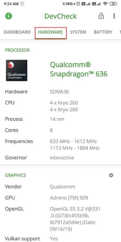 Tap-on-the-Hardware-tab-from-the-top-of-the-512x1024-1 كيفية التحقق من نوع ذاكرة الوصول العشوائي في هاتف Android وسرعتها وتردد التشغيل