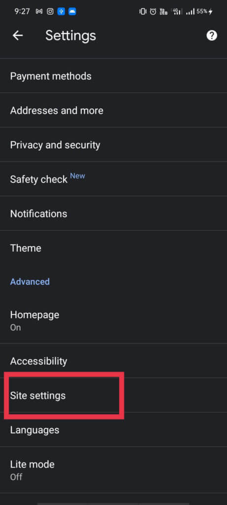 The-‘Settings-option-will-lead-to-another-menu-wherein-you-are-supposed-to-tap-on-‘Site-Settings.-461x1024-1 كيفية تعطيل الصوت في Google Chrome (على Android)