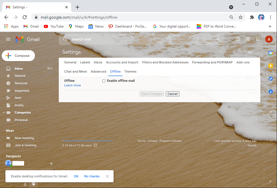 Untick-the-checkbox-next-to-the-option-enable-offline-mode-and-click-on-save-changes 7 طرق لإصلاح البريد الإلكتروني عالق في علبة الصادر من Gmail