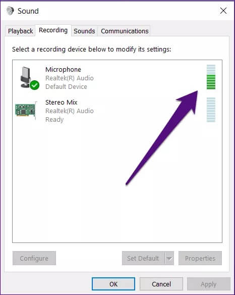 check-recording-levels_4d470f76dc99e18ad75087b1b8410ea9 كيفية إصلاح مشكلات الميكروفون في Windows 10