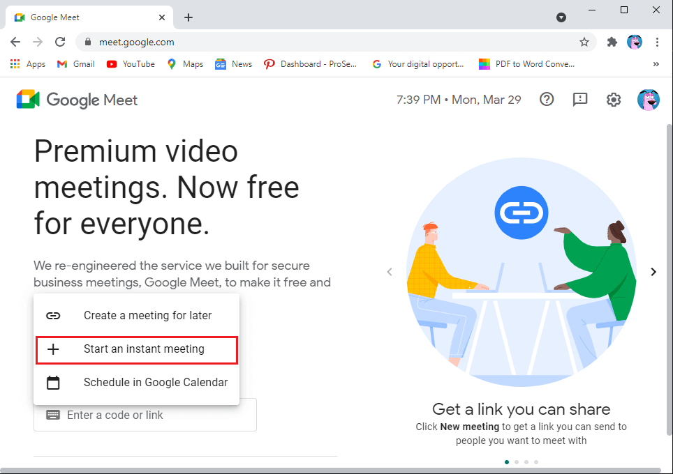 select-‘Start-an-instant-meeting. كيفية إصلاح عدم وجود كاميرا في Google Meet