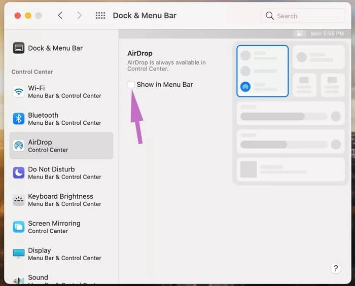 show-control-center-module-in-menu-bar_935adec67b324b146ff212ec4c69054f دليل لإضافة وحدات مركز التحكم إلى شريط القوائم على جهاز Mac