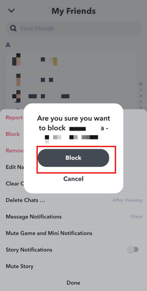 tap-Block-on-the-confirmation-box.-519x1024-1 كيفية إلغاء إضافة أشخاص على Snapchat