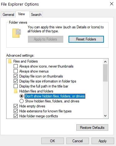 Choose-the-Dont-show-hidden-files-folders-or-drives-option كيفية إزالة ملف desktop.ini من جهاز الكمبيوتر الخاص بك