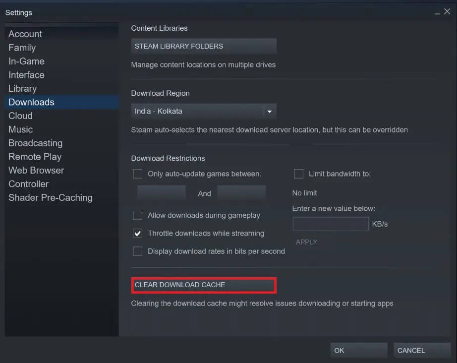 Click-on-Clear-download-cache إصلاح خطأ قرص Steam تالف على نظام التشغيل Windows 10