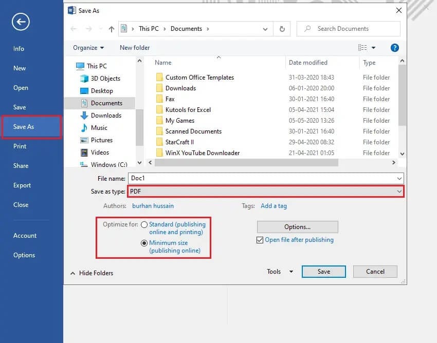 Click-on-Minimum-size-next-to-the-option-that-says-optimize-for كيفية ضغط ملف PDF لتقليل حجم ملفه