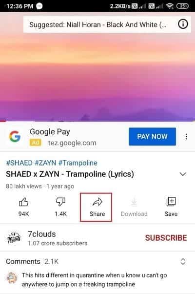 Click-on-the-Share-button-below-your-video كيفية تحميل مقاطع فيديو YouTube على الهاتف المحمول
