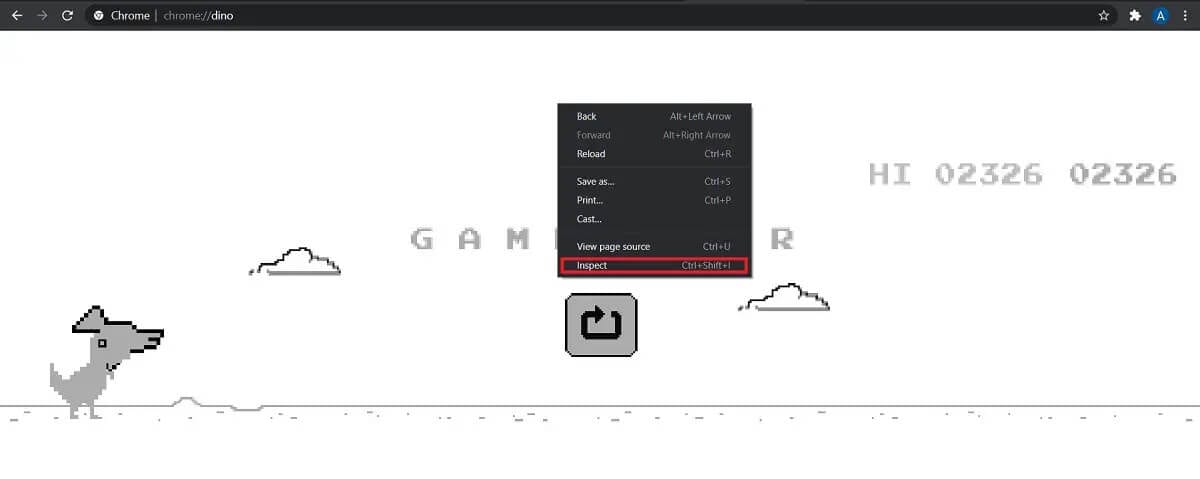 Click-on-‘inspect-to-access-the-pages-code كيفية اختراق لعبة Chrome Dinosaur