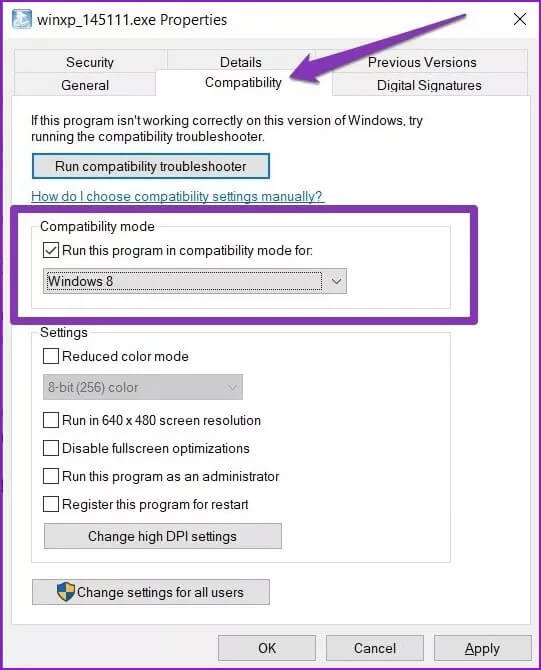 Compatibility-Tab_4d470f76dc99e18ad75087b1b8410ea9 أفضل 5 طرق لإصلاح مشكلة إعداد دقة الشاشة باللون الرمادي على Windows 10