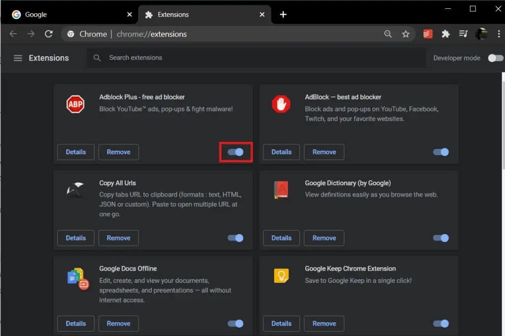 Locate-your-Adblock-extension-and-disable-it-by-clicking-on-the-toggle-switch-next-to-it-1024x682-1 إصلاح العديد من عمليات Google Chrome قيد التشغيل