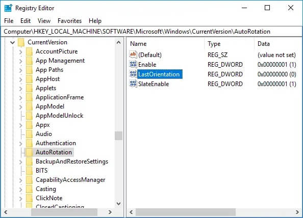 Navigate-to-AutoRotation-registry-key-find-Last-Oritentation-DWORD كيفية إصلاح عناصر التسجيل المعطلة في نظام التشغيل Windows 10