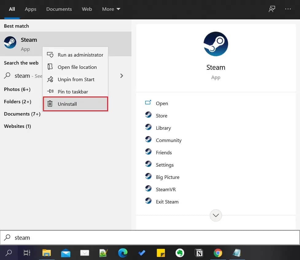 Right-click-on-Steam-and-select-Uninstall 5 طرق لإصلاح مشكلة لعبة Steam Thinks قيد التشغيل