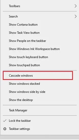 Right-click-on-your-taskbar-and-select-cascade-windows كيفية جلب نافذة مفقودة خارج الشاشة إلى سطح المكتب
