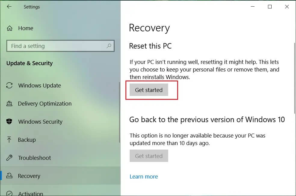 Select-Recovery-and-click-on-Get-started-under-Reset-this-PC كيفية إصلاح عناصر التسجيل المعطلة في نظام التشغيل Windows 10