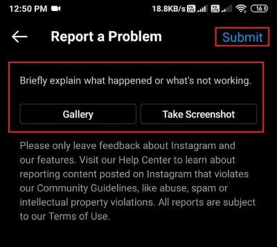 Tap-on-submit-after-briefly-explaining-the-issue. 8 طرق لإصلاح عدم عمل مكالمة فيديو Instagram