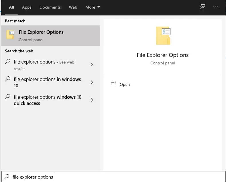 Type-File-Explorer-Options-and-open-it كيفية إزالة ملف desktop.ini من جهاز الكمبيوتر الخاص بك