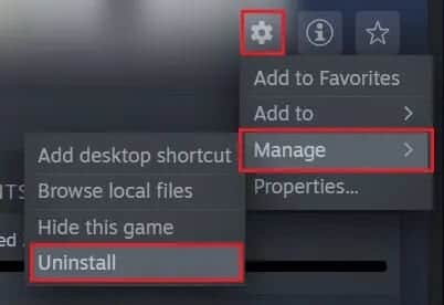 click-on-settings-then-manage-then-uninstall 5 طرق لإصلاح مشكلة لعبة Steam Thinks قيد التشغيل