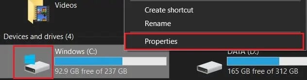 right-click-on-C-drive-and-select-properties إصلاح خطأ قرص Steam تالف على نظام التشغيل Windows 10