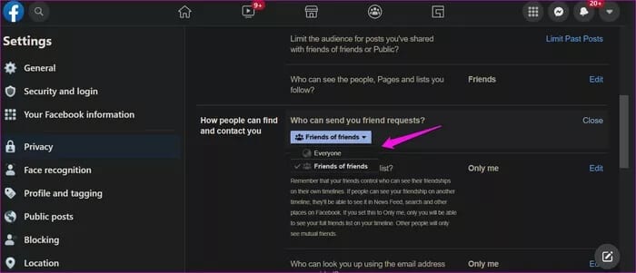 9-8 دليل لإعدادات طلب الصداقة Facebook