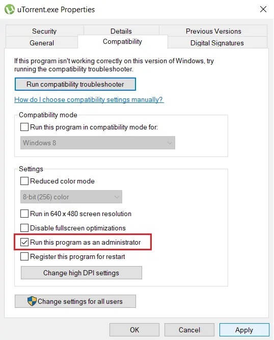 Checkmark-Run-this-program-as-an-administrator-for-uTorrent كيفية إصلاح الوصول إلى uTorrent مرفوض