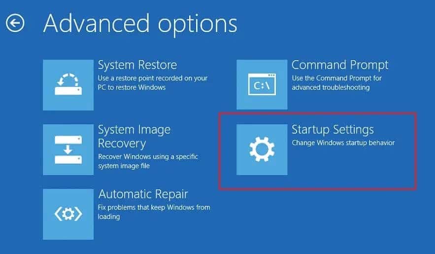Click-Startup-Settings-icon-on-the-Advanced-options-screen كيفية التمهيد إلى الوضع الآمن في Windows 10