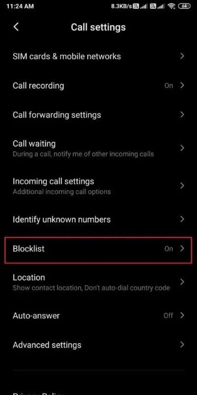 Click-on-Blocklist-512x1024-1 إصلاح مكالمة هاتف الواردة على Android تذهب مباشرة إلى البريد الصوتي
