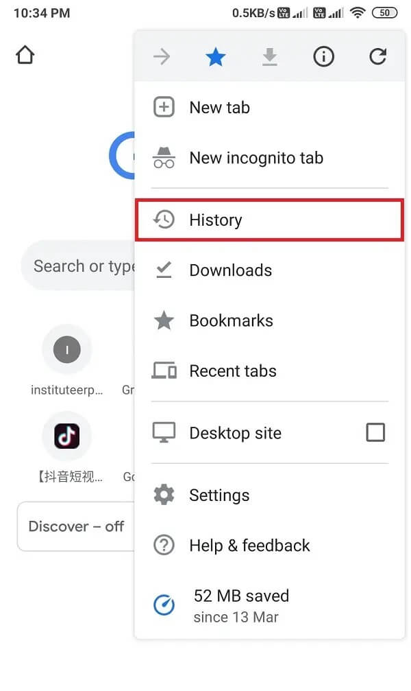Click on History - كيفية مسح ذاكرة التخزين المؤقت وملفات تعريف الارتباط في Google Chrome