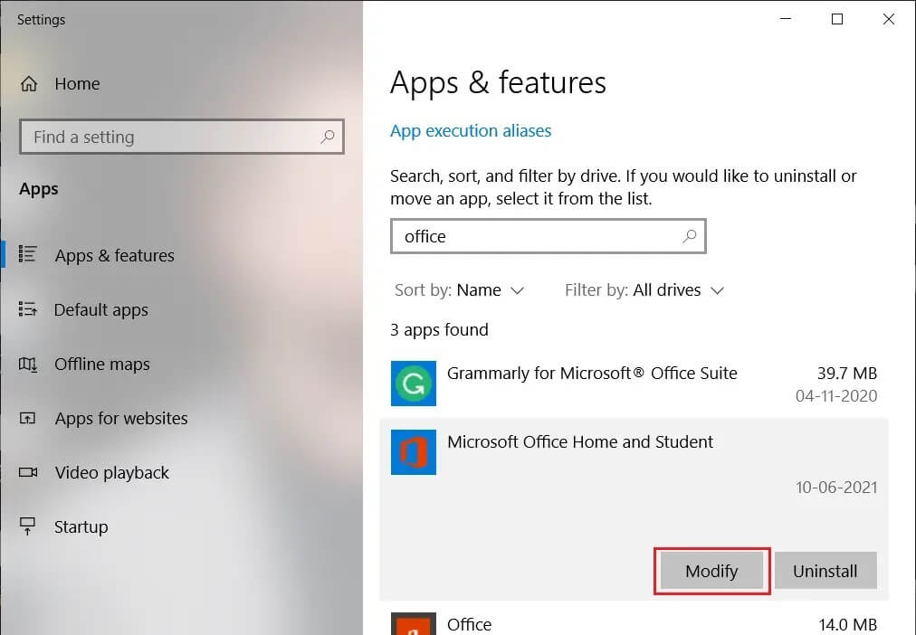 Click-on-Modify-option-under-Microsoft-Office إصلاح استمرار Microsoft Teams في إعادة التشغيل