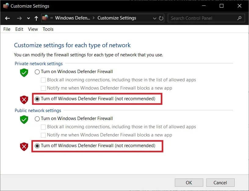 Click-on-Turn-off-Windows-Defender-Firewall-not-recommended إصلاح مشكلة التنزيل البطيء في League of Legends