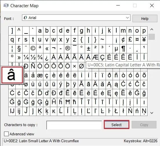 Click-on-a-character-and-then-click-on-select-to-place-it-in-textbox كيفية كتابة الأحرف مع علامات التشكيل على Windows