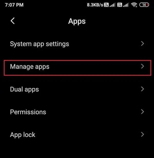 Click-on-manage-apps كيفية إصلاح خطأ Instagram لا يسمح لي بتسجيل الدخول