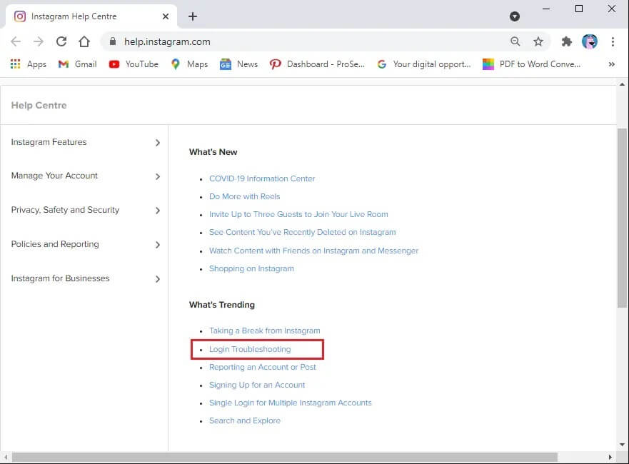 Click-on-the-Login-Troubleshooting-link-on-the-website كيفية إصلاح خطأ Instagram لا يسمح لي بتسجيل الدخول