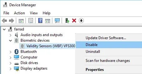 Disable-Validity-Sensor-under-Biometric-Devices إصلاح مشكلة وميض المؤشر على نظام التشغيل Windows 10