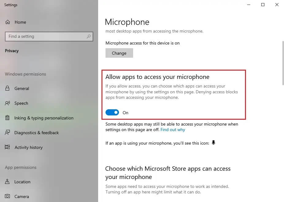 Enable-the-toggle-for-the-option-that-says-Allows-apps-to-access-your-microphone إصلاح عدم عمل صوت مشاركة الشاشة على Discord